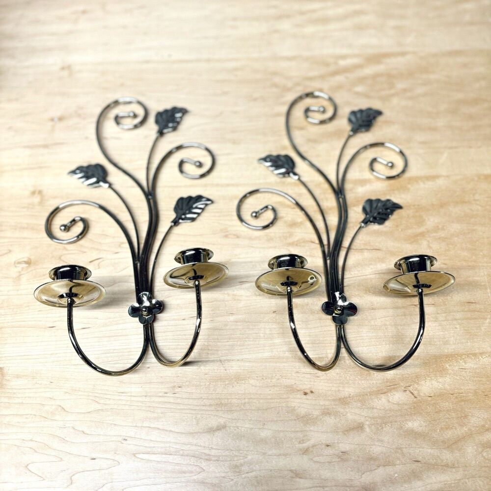 2 Vintage Homco Home Interior Gold Tone Scroll Leaves Wall Sconce Candleholders